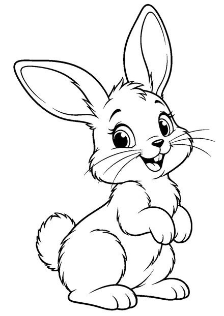 Hase als einzelnes Tier zum Ausmalen, in verspielter Pose, mit schwarzen Konturen auf weißem Hintergrund.