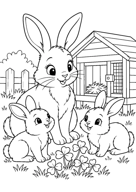 Hasenfamilie am Stall als freundliches Schwarz-Weiß-Ausmalbild mit klaren Konturen und weißem Hintergrund.