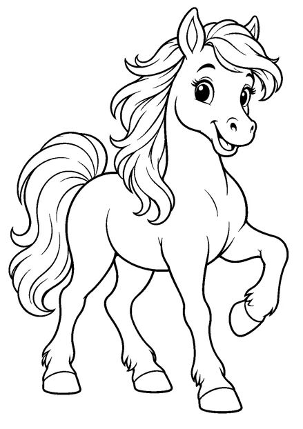 Pferd als einzelnes Tier zum Ausmalen, in verspielter Pose, mit schwarzen Konturen auf weißem Hintergrund.