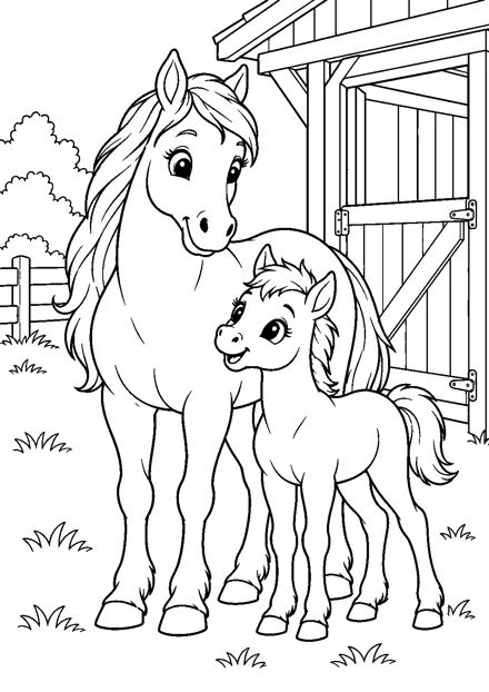 Pferd und Fohlen am Stall als freundliches Schwarz-Weiß-Ausmalbild mit klaren Konturen und weißem Hintergrund.