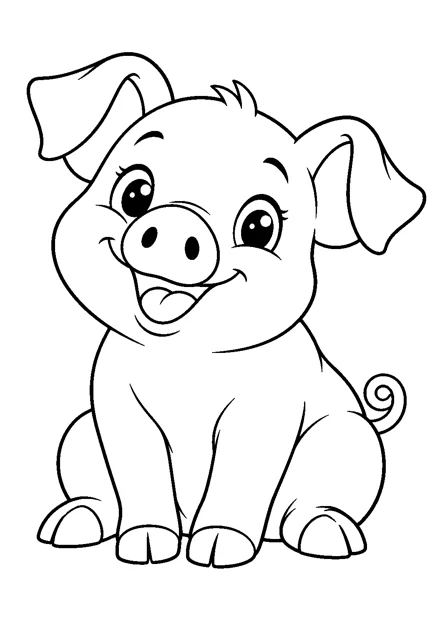 Schwein als einzelnes Tier zum Ausmalen, einfach und groß dargestellt, mit schwarzen Konturen auf weißem Hintergrund.