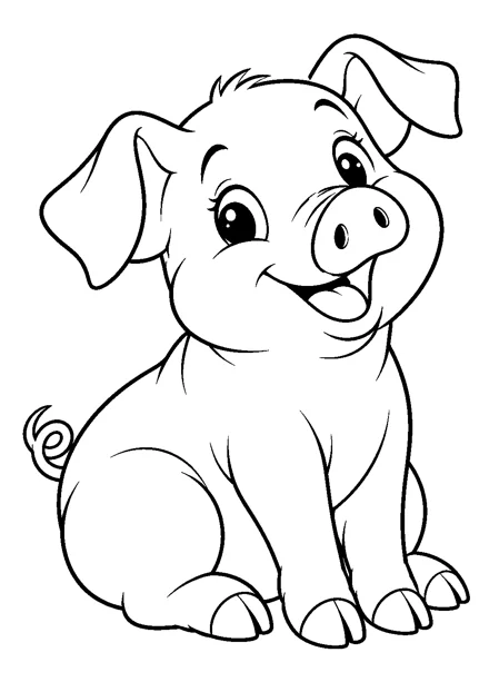 Schwein als einzelnes Tier zum Ausmalen, in verspielter Pose, mit schwarzen Konturen auf weißem Hintergrund.