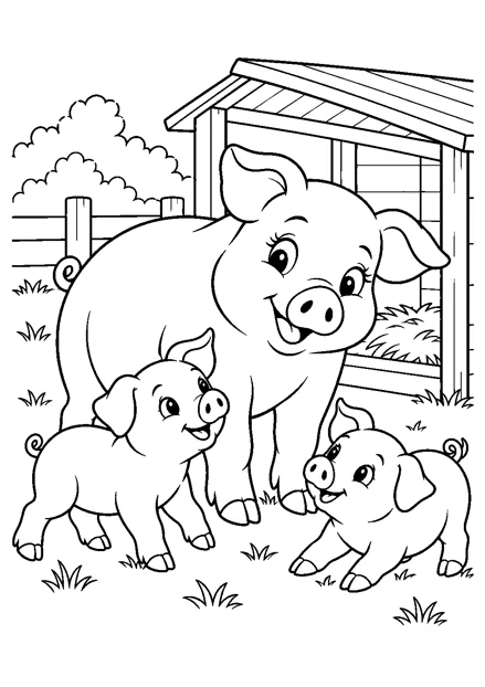 Schweinefamilie auf dem Hof als freundliches Schwarz-Weiß-Ausmalbild mit klaren Konturen und weißem Hintergrund.