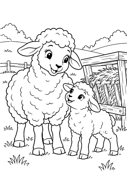 Schaf und Lamm an der Heuraufe als freundliches Schwarz-Weiß-Ausmalbild mit klaren Konturen und weißem Hintergrund.