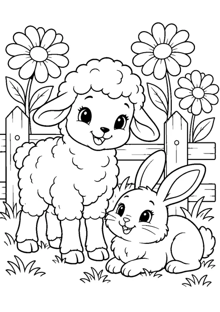Schaf und Hase auf der Wiese als freundliches Schwarz-Weiß-Ausmalbild mit klaren Konturen und weißem Hintergrund.