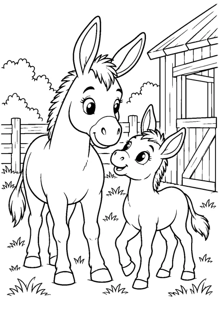 Esel und Fohlen auf der Koppel als freundliches Schwarz-Weiß-Ausmalbild mit klaren Konturen und weißem Hintergrund.