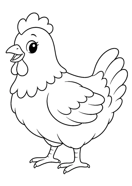 Huhn als einzelnes Tier zum Ausmalen, einfach und groß dargestellt, mit schwarzen Konturen auf weißem Hintergrund.