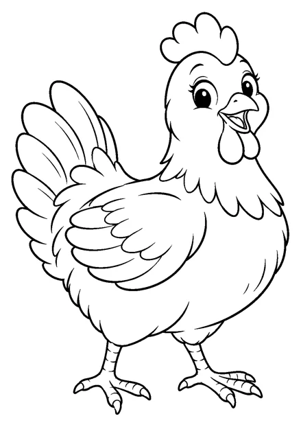 Huhn als einzelnes Tier zum Ausmalen, in verspielter Pose, mit schwarzen Konturen auf weißem Hintergrund.