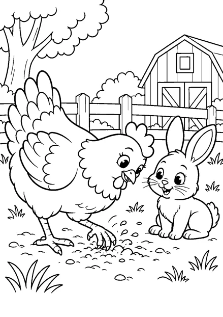 Huhn und Hase im Hof als freundliches Schwarz-Weiß-Ausmalbild mit klaren Konturen und weißem Hintergrund.