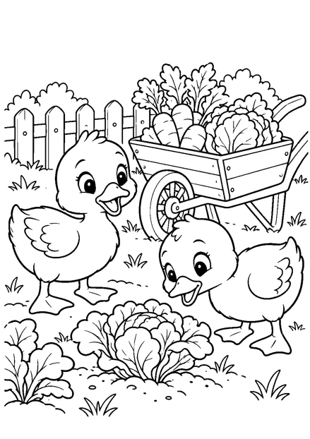 Enten im Gemüsegarten als freundliches Schwarz-Weiß-Ausmalbild mit klaren Konturen und weißem Hintergrund.