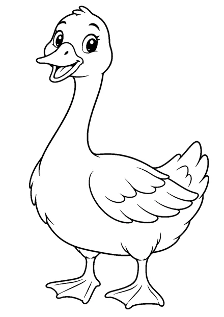 Gans als einzelnes Tier zum Ausmalen, einfach und groß dargestellt, mit schwarzen Konturen auf weißem Hintergrund.