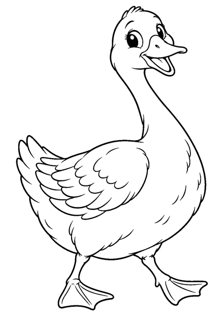 Gans als einzelnes Tier zum Ausmalen, in verspielter Pose, mit schwarzen Konturen auf weißem Hintergrund.