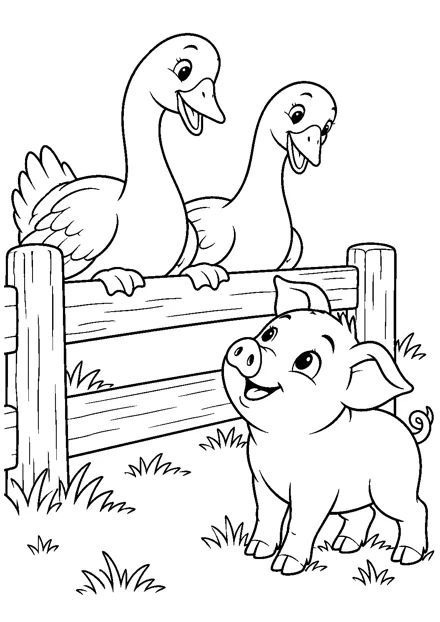 Gänse und Ferkel am Zaun als freundliches Schwarz-Weiß-Ausmalbild mit klaren Konturen und weißem Hintergrund.