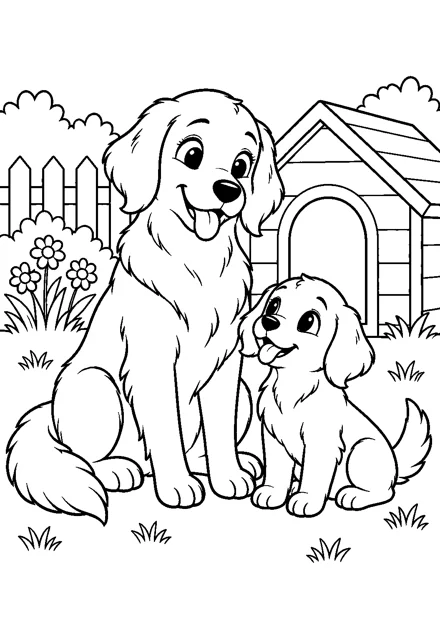 Hundefamilie im Garten als freundliches Schwarz-Weiß-Ausmalbild mit klaren Konturen und weißem Hintergrund.