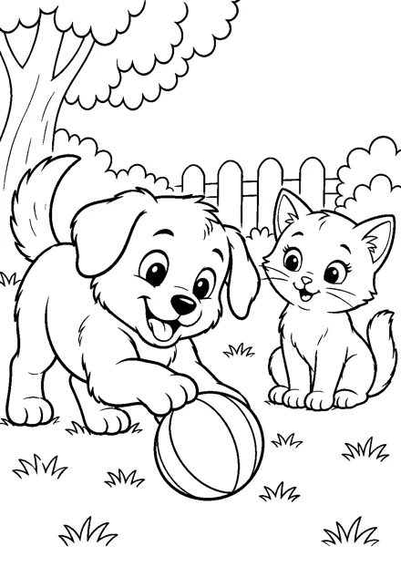 Welpe und Kätzchen beim Spielen als freundliches Schwarz-Weiß-Ausmalbild mit klaren Konturen und weißem Hintergrund.