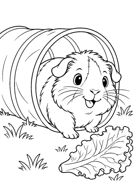 Meerschweinchen am Spieltunnel als freundliches Schwarz-Weiß-Ausmalbild mit klaren Konturen und weißem Hintergrund.