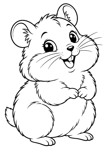 Hamster als einzelnes Tier zum Ausmalen, in verspielter Pose, mit schwarzen Konturen auf weißem Hintergrund.