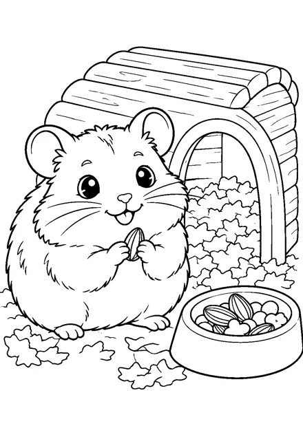 Hamster am Holzhaus als freundliches Schwarz-Weiß-Ausmalbild mit klaren Konturen und weißem Hintergrund.