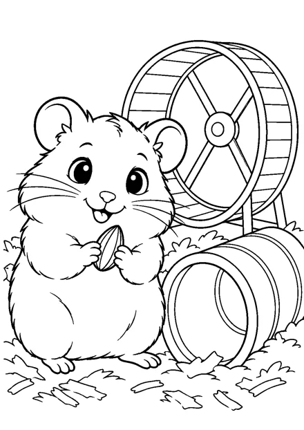 Hamster mit einem Körnchen als freundliches Schwarz-Weiß-Ausmalbild mit klaren Konturen und weißem Hintergrund.