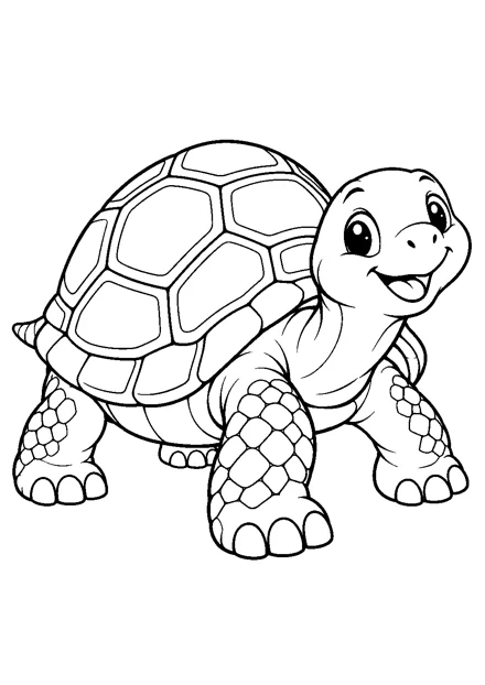 Landschildkröte als einzelnes Tier zum Ausmalen, in verspielter Pose, mit schwarzen Konturen auf weißem Hintergrund.