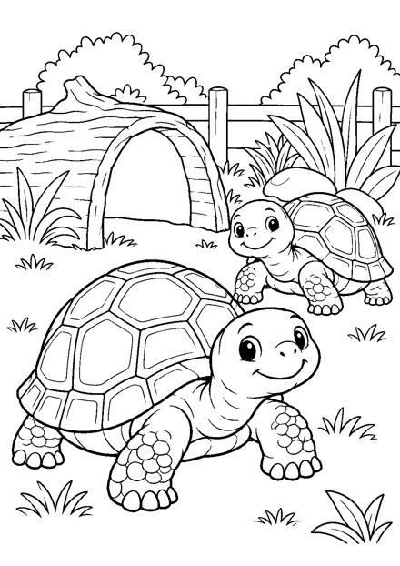 Schildkröten im Außengehege als freundliches Schwarz-Weiß-Ausmalbild mit klaren Konturen und weißem Hintergrund.