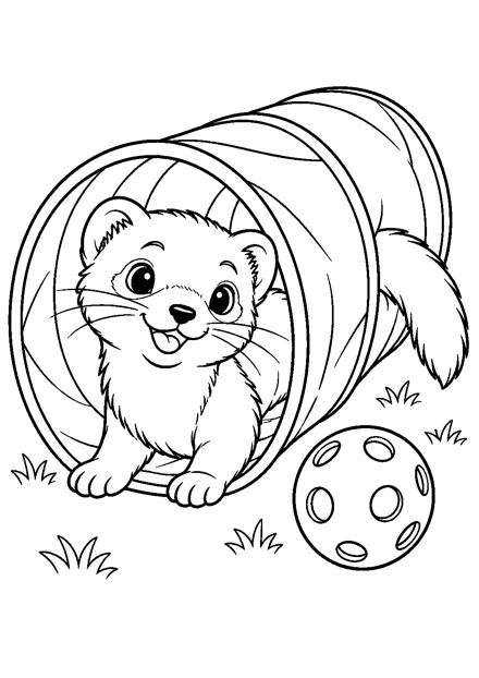 Frettchen im Spieltunnel als freundliches Schwarz-Weiß-Ausmalbild mit klaren Konturen und weißem Hintergrund.