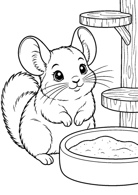 Chinchilla beim Sandbad als freundliches Schwarz-Weiß-Ausmalbild mit klaren Konturen und weißem Hintergrund.