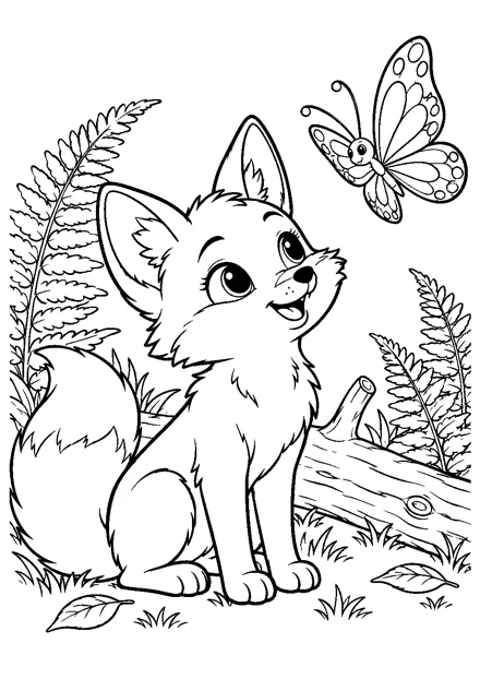 Fuchs und Schmetterling als freundliches Schwarz-Weiß-Ausmalbild mit klaren Konturen und weißem Hintergrund.