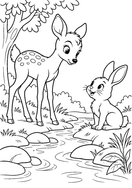 Reh und Hase am Bach als freundliches Schwarz-Weiß-Ausmalbild mit klaren Konturen und weißem Hintergrund.