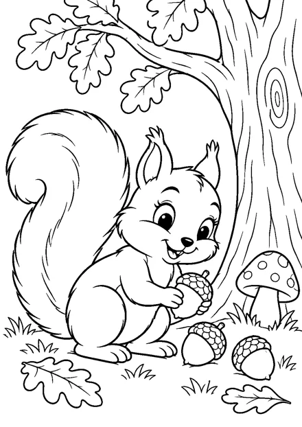 Eichhörnchen sammelt Eicheln als freundliches Schwarz-Weiß-Ausmalbild mit klaren Konturen und weißem Hintergrund.