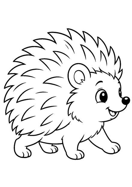 Igel als einzelnes Tier zum Ausmalen, einfach und groß dargestellt, mit schwarzen Konturen auf weißem Hintergrund.