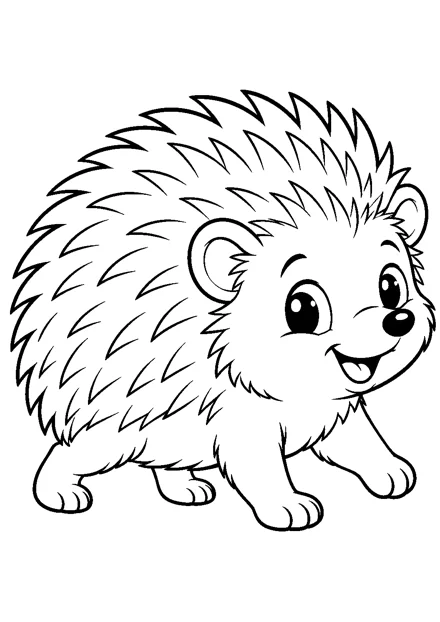 Igel als einzelnes Tier zum Ausmalen, in verspielter Pose, mit schwarzen Konturen auf weißem Hintergrund.