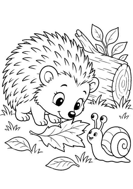 Igel und Schnecke am Baumstamm als freundliches Schwarz-Weiß-Ausmalbild mit klaren Konturen und weißem Hintergrund.