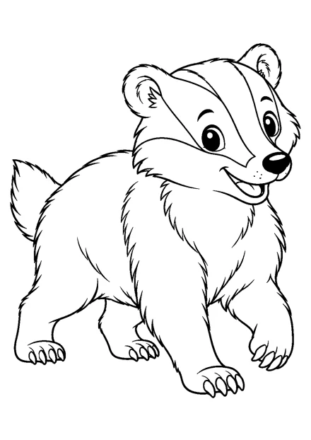 Dachs als einzelnes Tier zum Ausmalen, in verspielter Pose, mit schwarzen Konturen auf weißem Hintergrund.