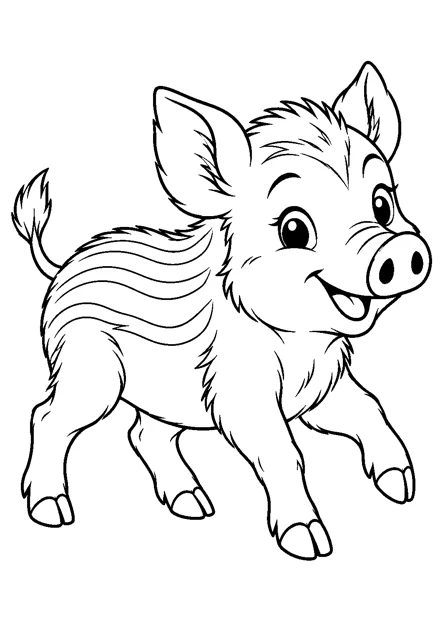 Wildschwein als einzelnes Tier zum Ausmalen, in verspielter Pose, mit schwarzen Konturen auf weißem Hintergrund.