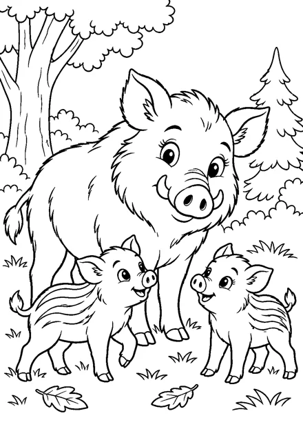 Wildschweinfamilie im Wald als freundliches Schwarz-Weiß-Ausmalbild mit klaren Konturen und weißem Hintergrund.