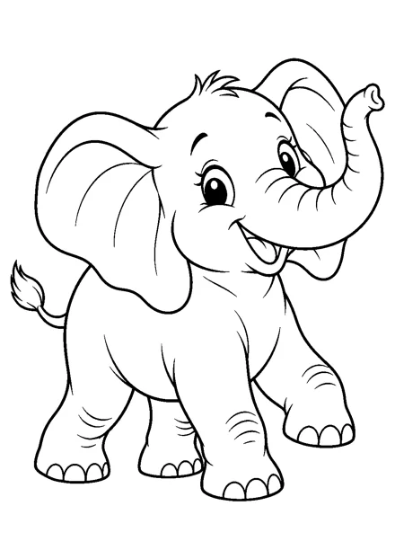 Elefant als einzelnes Tier zum Ausmalen, in verspielter Pose, mit schwarzen Konturen auf weißem Hintergrund.