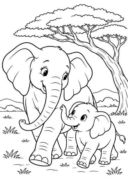 Elefant mit Jungtier als freundliches Schwarz-Weiß-Ausmalbild mit klaren Konturen und weißem Hintergrund.