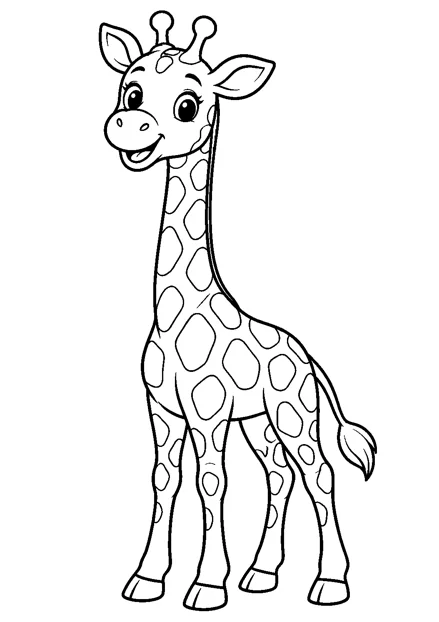 Giraffe als einzelnes Tier zum Ausmalen, einfach und groß dargestellt, mit schwarzen Konturen auf weißem Hintergrund.
