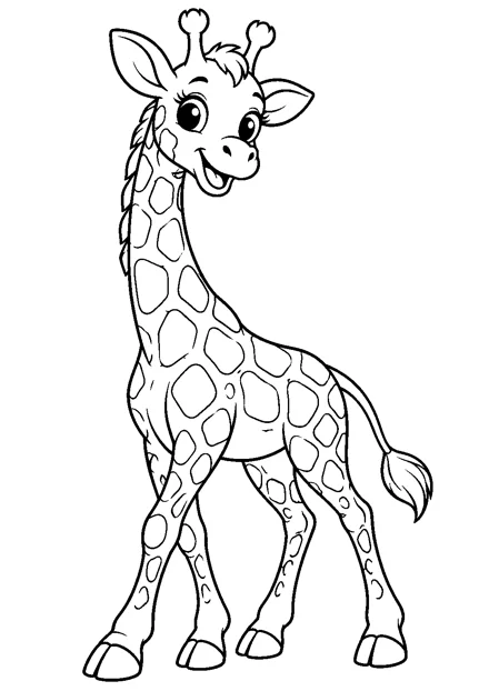 Giraffe als einzelnes Tier zum Ausmalen, in verspielter Pose, mit schwarzen Konturen auf weißem Hintergrund.