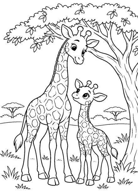 Giraffe mit Jungtier als freundliches Schwarz-Weiß-Ausmalbild mit klaren Konturen und weißem Hintergrund.