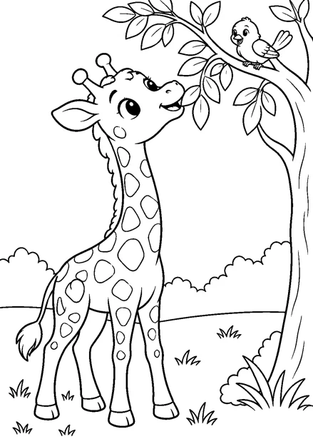 Giraffe frisst Blätter als freundliches Schwarz-Weiß-Ausmalbild mit klaren Konturen und weißem Hintergrund.