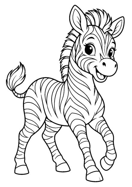 Zebra als einzelnes Tier zum Ausmalen, in verspielter Pose, mit schwarzen Konturen auf weißem Hintergrund.