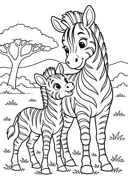 Zebra und Fohlen als freundliches Schwarz-Weiß-Ausmalbild mit klaren Konturen und weißem Hintergrund.