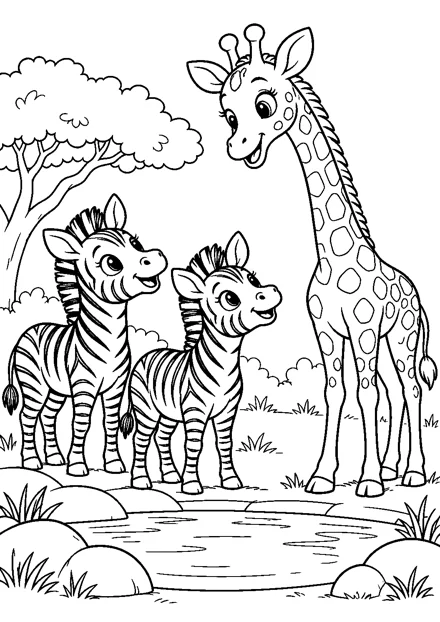 Zebras und Giraffe am Wasserloch als freundliches Schwarz-Weiß-Ausmalbild mit klaren Konturen und weißem Hintergrund.