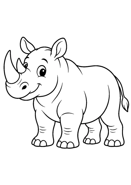 Nashorn als einzelnes Tier zum Ausmalen, einfach und groß dargestellt, mit schwarzen Konturen auf weißem Hintergrund.