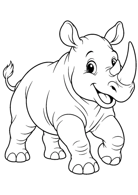 Nashorn als einzelnes Tier zum Ausmalen, in verspielter Pose, mit schwarzen Konturen auf weißem Hintergrund.