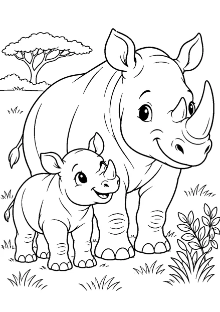 Nashorn mit Jungtier als freundliches Schwarz-Weiß-Ausmalbild mit klaren Konturen und weißem Hintergrund.