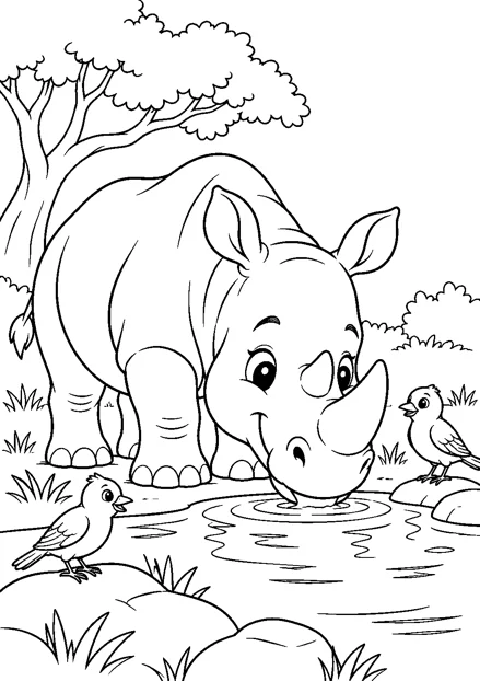 Nashorn und Vögel am Wasserloch als freundliches Schwarz-Weiß-Ausmalbild mit klaren Konturen und weißem Hintergrund.