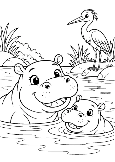 Nilpferde im Fluss als freundliches Schwarz-Weiß-Ausmalbild mit klaren Konturen und weißem Hintergrund.